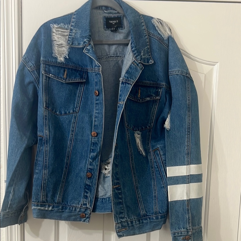 Forever 21 Blue Denim Jacket with White Accents